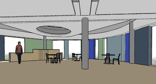 A artist's impression of the common rooom in the pod of the Computer Science building at Heslington East