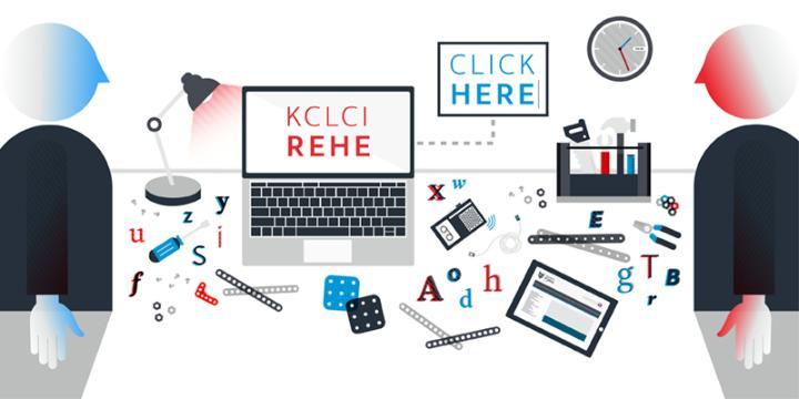 Graphical images of two figures sitting desk. On the laptop screen, there are the words 'KCLCI REHE', meaning 'Click here'.